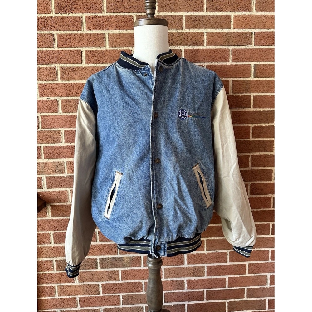 Gear For Sports Vintage Denim Varsity Bomber Jacket ICI Logo Blue Tan Mens L
